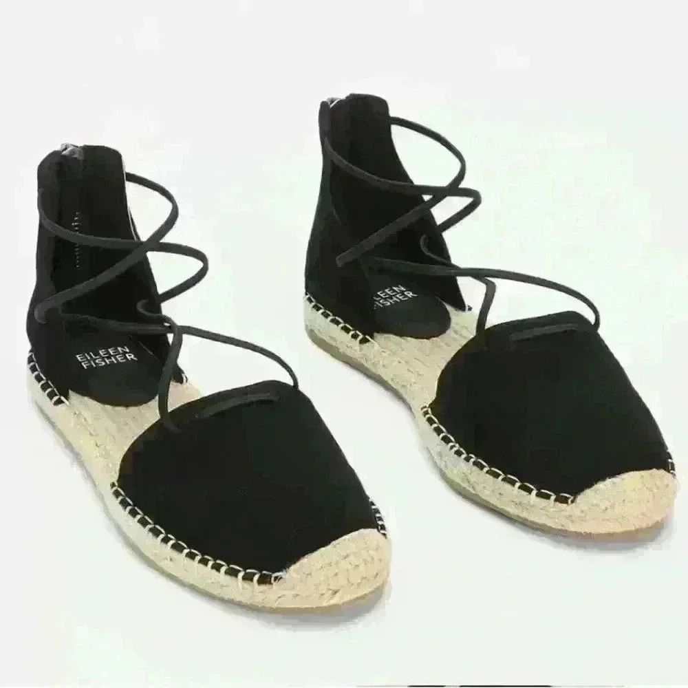 New! Eileen Fisher 5.5 Leather Lace Up D'Orsay Lee Espadrille Black Flat Sandals
